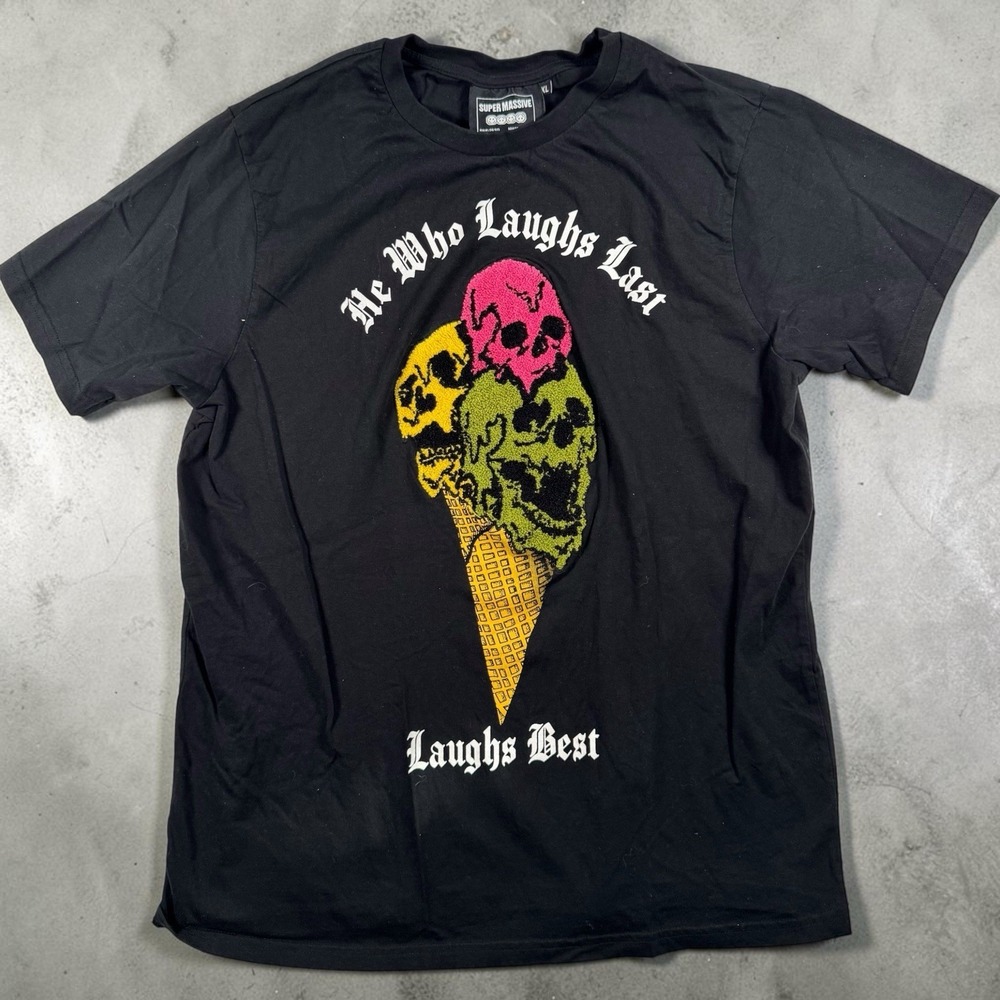 Super Massive Mens Skull Ice Cream Cone Chenille Graphic Tee XL Black Gothic